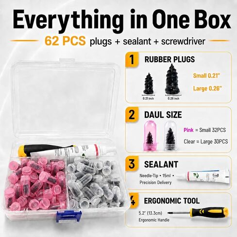 DR. JAYPRO Tire Repair Screws (62 PCS) - Heavy Duty Screw Tire Plug Kit with Ergonomic Screwdriver & Sealant, Flat Tire Repair Kit for Tubeless Tires on Cars, SUVs, Motorcycles, Trucks, ATVs & E-Bikes in Kuwait
