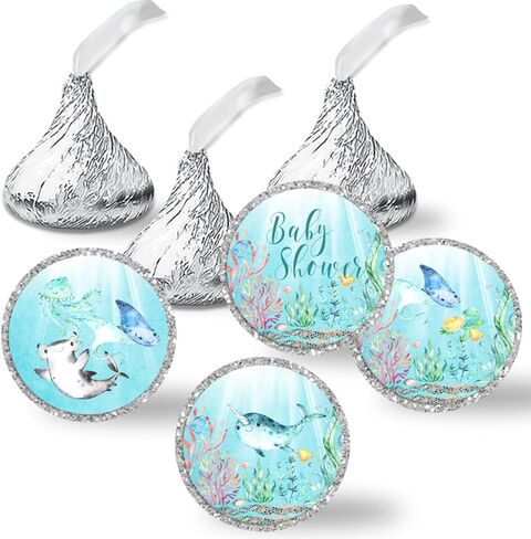 Underwater Cute Sea Life Baby Sprinkle Baby Shower Kiss Sticker Labels, 300 Party Circle Stickers sized 0.75" for Chocolate Drop Kisses by Amanda Creation, Great for Favors, Treats, Envelope Seals & in Saudi Arabia