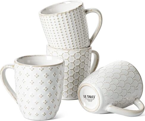 LE TAUCI Coffee Mugs 16 oz,Ceramic Mug Set, Embossment Cups for Latte, Hot Tea, Cappuccino, Mocha, Cocoa, Dishwasher Safe, Suit For Housewarming Wedding- 3.8 inch, Set of 4, Arctic White in Saudi Arabia