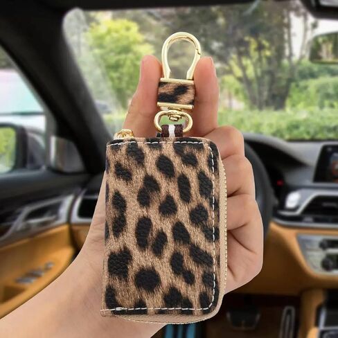 Leopard print keychain，Unisex Mens Womens Premium Leather Car Key,Car Key Holder with Zipper Coin Pocket, Multi-Functional Keychain in Saudi Arabia