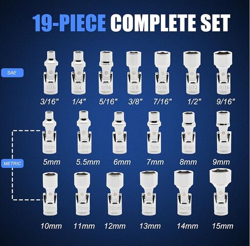 19-Piece 1/4" Drive Universal Joint Socket Set, Swivel Socket Set & Wobble Sockets with Metric (5-15mm) and SAE (3/16"-9/16"), 6-Point CR-V Flex Sockets for Tight Spaces in Saudi Arabia