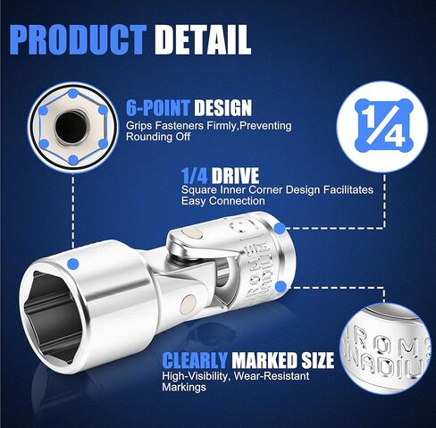 19-Piece 1/4" Drive Universal Joint Socket Set, Swivel Socket Set & Wobble Sockets with Metric (5-15mm) and SAE (3/16"-9/16"), 6-Point CR-V Flex Sockets for Tight Spaces in Saudi Arabia