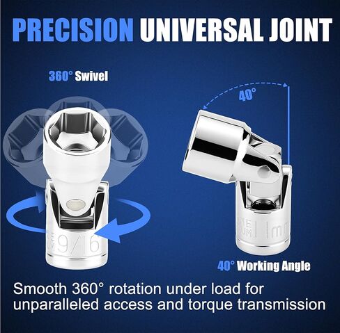 19-Piece 1/4" Drive Universal Joint Socket Set, Swivel Socket Set & Wobble Sockets with Metric (5-15mm) and SAE (3/16"-9/16"), 6-Point CR-V Flex Sockets for Tight Spaces in Saudi Arabia