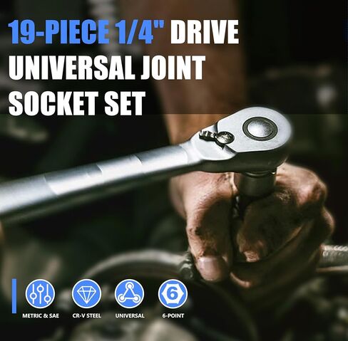 19-Piece 1/4" Drive Universal Joint Socket Set, Swivel Socket Set & Wobble Sockets with Metric (5-15mm) and SAE (3/16"-9/16"), 6-Point CR-V Flex Sockets for Tight Spaces in Saudi Arabia
