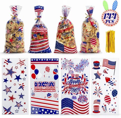 WIKDAY 144 PCS 4th of July Gift Bags Bulk Independence Day Cellophane Bags with Twist Ties, 4 Patriotic Designs for Candy Snack Goodie Toys Treat Packaging, Party Favors Classroom Home Celebration Supplies 10.7"x4.9" in Saudi Arabia