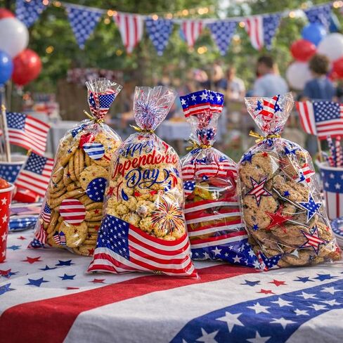 WIKDAY 144 PCS 4th of July Gift Bags Bulk Independence Day Cellophane Bags with Twist Ties, 4 Patriotic Designs for Candy Snack Goodie Toys Treat Packaging, Party Favors Classroom Home Celebration Supplies 10.7"x4.9" in Saudi Arabia