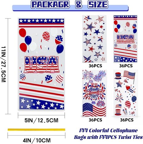 WIKDAY 144 PCS 4th of July Gift Bags Bulk Independence Day Cellophane Bags with Twist Ties, 4 Patriotic Designs for Candy Snack Goodie Toys Treat Packaging, Party Favors Classroom Home Celebration Supplies 10.7"x4.9" in Saudi Arabia
