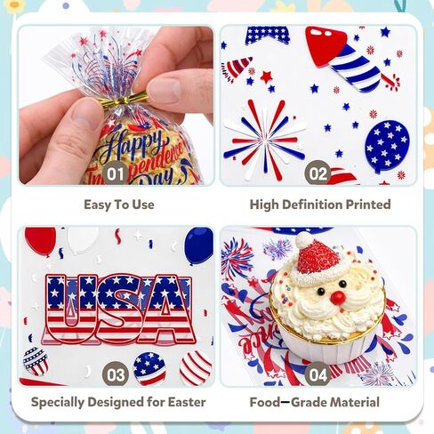 WIKDAY 144 PCS 4th of July Gift Bags Bulk Independence Day Cellophane Bags with Twist Ties, 4 Patriotic Designs for Candy Snack Goodie Toys Treat Packaging, Party Favors Classroom Home Celebration Supplies 10.7"x4.9" in Saudi Arabia