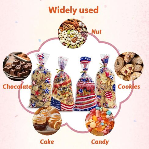 WIKDAY 144 PCS 4th of July Gift Bags Bulk Independence Day Cellophane Bags with Twist Ties, 4 Patriotic Designs for Candy Snack Goodie Toys Treat Packaging, Party Favors Classroom Home Celebration Supplies 10.7"x4.9" in Saudi Arabia