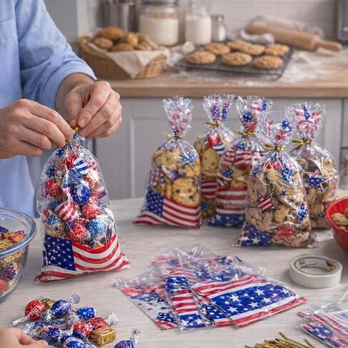 WIKDAY 144 PCS 4th of July Gift Bags Bulk Independence Day Cellophane Bags with Twist Ties, 4 Patriotic Designs for Candy Snack Goodie Toys Treat Packaging, Party Favors Classroom Home Celebration Supplies 10.7"x4.9" in Saudi Arabia