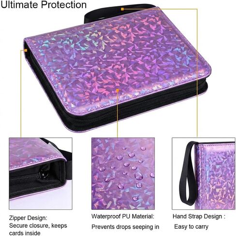 4-Pocket Trading Card Binder with 50 Sleeves, Fits Up to 400 Cards, Unique Shimmering Glitter PU Leather Cover, Refillable 3-Ring Zipper Card Collector Album for TCG, Sports Cards - [Sparkly Purple] in Saudi Arabia