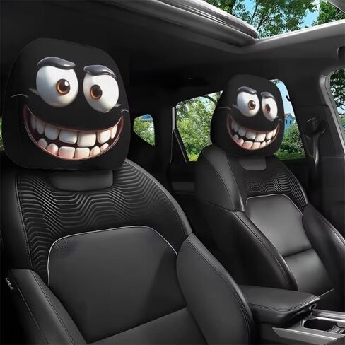 2PCS Funny Cartoon Eyes Car Headrest Covers, Universal Fit Auto Head Rest Protector, Cute Full Face Mask Style Seat Decoration, Personalized Interior Accessories for Car Front Seat in Kuwait