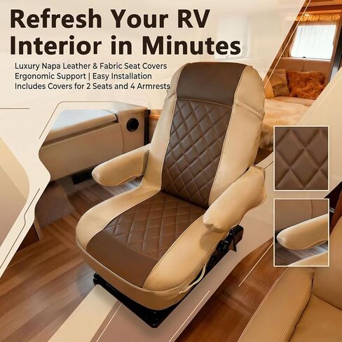 SummerCool 2 حزمة من أغطية مقاعد RV لكراسي الكابتن، غطاء مقعد تخييم من الجلد الصناعي مع أغطية مسند للذراع وجيوب جانبية للفئة A RV، ومقطورة العربة والشاحنة، صديقة للحيوانات الأليفة ومقاومة للماء (قهوة) in Kuwait