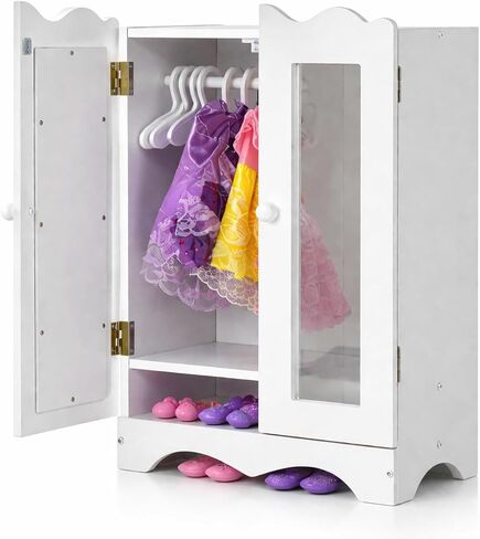 Wooden Baby Doll Closet with 6 Hangers, Doll Clothes Storage Wardrobe for 12-16 Inch Doll Clothes & Accessories, Baby Doll Furniture, White in Saudi Arabia