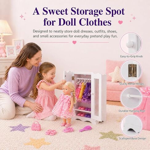 Wooden Baby Doll Closet with 6 Hangers, Doll Clothes Storage Wardrobe for 12-16 Inch Doll Clothes & Accessories, Baby Doll Furniture, White in Saudi Arabia