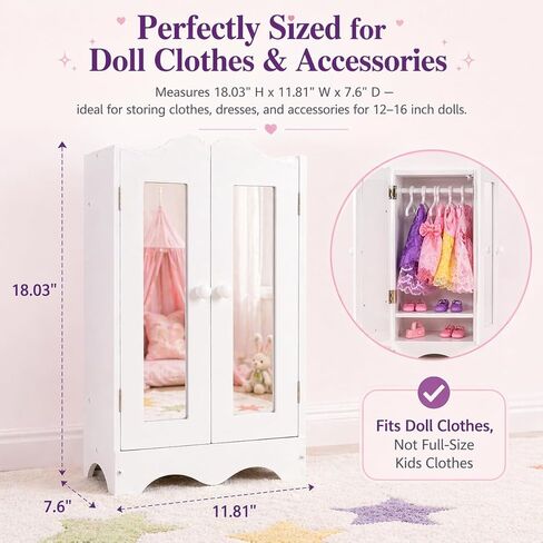 Wooden Baby Doll Closet with 6 Hangers, Doll Clothes Storage Wardrobe for 12-16 Inch Doll Clothes & Accessories, Baby Doll Furniture, White in Saudi Arabia