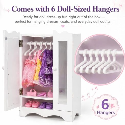 Wooden Baby Doll Closet with 6 Hangers, Doll Clothes Storage Wardrobe for 12-16 Inch Doll Clothes & Accessories, Baby Doll Furniture, White in Saudi Arabia