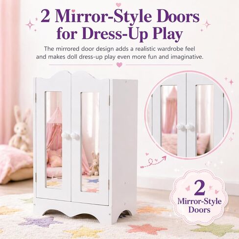 Wooden Baby Doll Closet with 6 Hangers, Doll Clothes Storage Wardrobe for 12-16 Inch Doll Clothes & Accessories, Baby Doll Furniture, White in Saudi Arabia