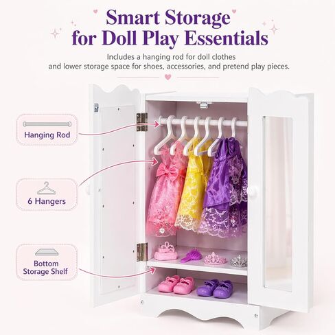Wooden Baby Doll Closet with 6 Hangers, Doll Clothes Storage Wardrobe for 12-16 Inch Doll Clothes & Accessories, Baby Doll Furniture, White in Saudi Arabia