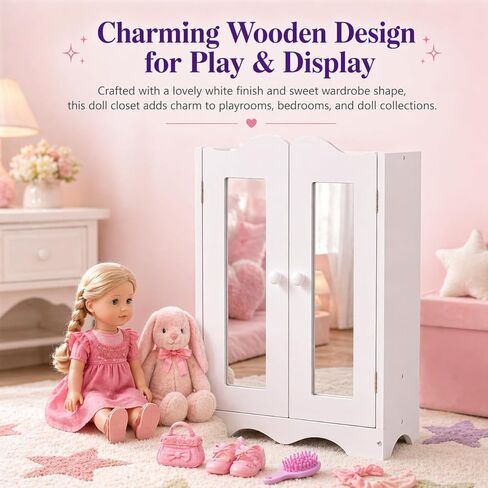 Wooden Baby Doll Closet with 6 Hangers, Doll Clothes Storage Wardrobe for 12-16 Inch Doll Clothes & Accessories, Baby Doll Furniture, White in Saudi Arabia