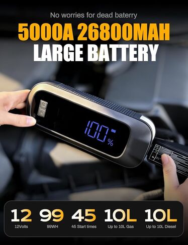 بطارية سيارة Jump Starter 12V 8000A 26800mAh، بطارية سيارة محمولة لجميع محركات الغاز والديزل 10 لتر، بنك طاقة، بطارية سيارة محمولة مع شحن سريع، ضوء LED، كابلات توصيل in Kuwait
