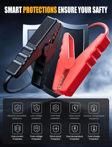 بطارية سيارة Jump Starter 12V 8000A 26800mAh، بطارية سيارة محمولة لجميع محركات الغاز والديزل 10 لتر، بنك طاقة، بطارية سيارة محمولة مع شحن سريع، ضوء LED، كابلات توصيل in Kuwait