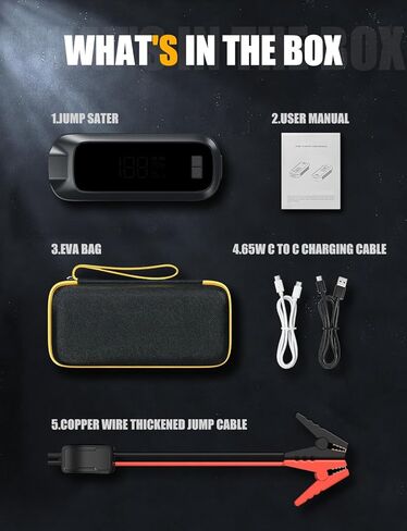 بطارية سيارة Jump Starter 12V 8000A 26800mAh، بطارية سيارة محمولة لجميع محركات الغاز والديزل 10 لتر، بنك طاقة، بطارية سيارة محمولة مع شحن سريع، ضوء LED، كابلات توصيل in Kuwait