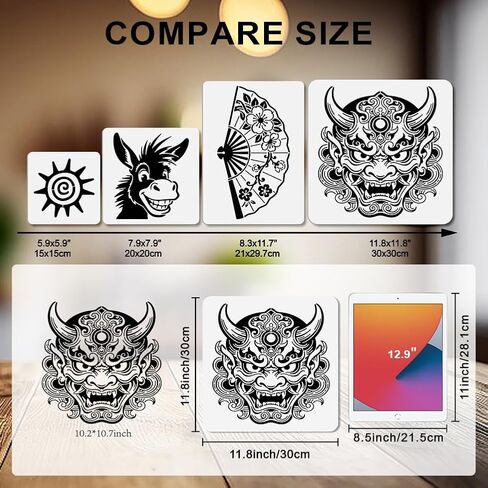 MAYJOYDIY 2 Styles Swordsman Stencils Reusable Drawing Template with Paint Brush Japanese Style Samurai 11.8×11.8" for Home Decoration Wood Wall Canvas Furniture in Kuwait