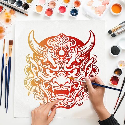 MAYJOYDIY 2 Styles Swordsman Stencils Reusable Drawing Template with Paint Brush Japanese Style Samurai 11.8×11.8" for Home Decoration Wood Wall Canvas Furniture in Kuwait