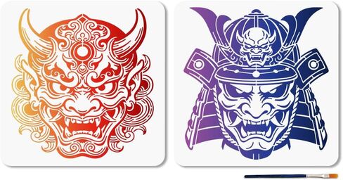 MAYJOYDIY 2 Styles Swordsman Stencils Reusable Drawing Template with Paint Brush Japanese Style Samurai 11.8×11.8" for Home Decoration Wood Wall Canvas Furniture in Kuwait