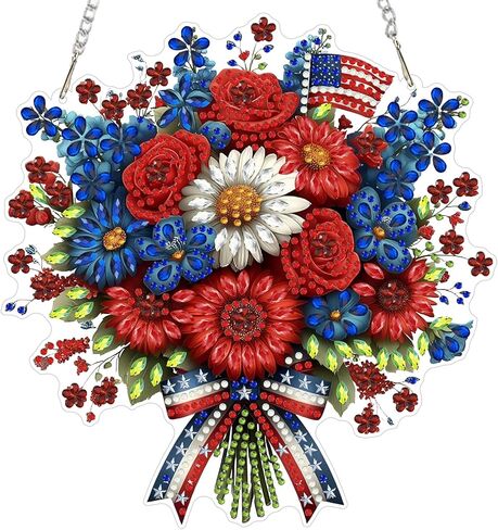 MOGTAA 4th of July Heart Shape Flowers Diamond Art Hanging Kits for Adults, Independence Day Diamond Art Suncatchers, 5D Special Shape USA Flag Diamond Painting Window Pendant Kit for Home Wall Decor in Kuwait