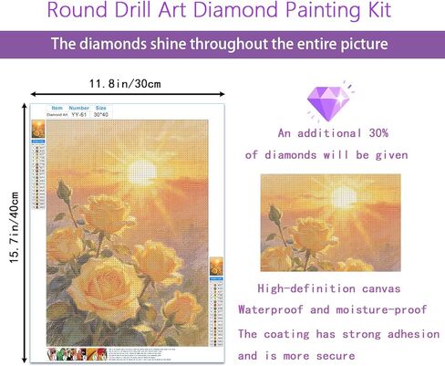 Yellow Rose 5D Diamond Painting Kit for Adults，Sunset Rose Floral Full Drill DIY Round Gem Art Diamond Art Kits Painting Crafts Ideal for Beginners and Home Wall Decor 12X16inch in Saudi Arabia