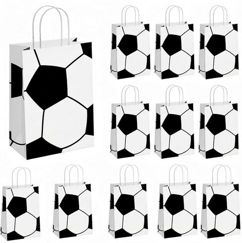 12 Pcs Soccer Party Favor Bags with Handles, Soccer Themed Party Gift Bags for Kids Birthday, Kraft Paper Soccer Goodie Bags, Football Treat Candy Bags for Soccer Team Gifts, Sports Party Supplies in Saudi Arabia