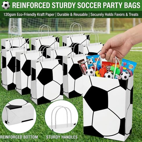 12 Pcs Soccer Party Favor Bags with Handles, Soccer Themed Party Gift Bags for Kids Birthday, Kraft Paper Soccer Goodie Bags, Football Treat Candy Bags for Soccer Team Gifts, Sports Party Supplies in Saudi Arabia