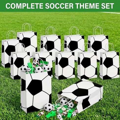 12 Pcs Soccer Party Favor Bags with Handles, Soccer Themed Party Gift Bags for Kids Birthday, Kraft Paper Soccer Goodie Bags, Football Treat Candy Bags for Soccer Team Gifts, Sports Party Supplies in Saudi Arabia