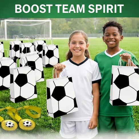 12 Pcs Soccer Party Favor Bags with Handles, Soccer Themed Party Gift Bags for Kids Birthday, Kraft Paper Soccer Goodie Bags, Football Treat Candy Bags for Soccer Team Gifts, Sports Party Supplies in Saudi Arabia