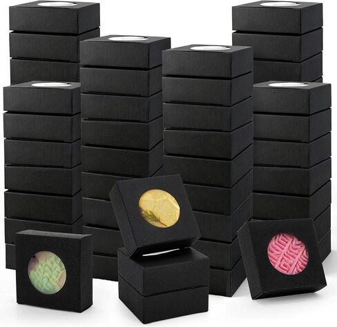 SOUJOY 100 Pcs Soap Boxes for Homemade, 3 x 3 x 1.2 Inch Small Kraft Paper Soap Packaging Boxes, Mini Treat Box with Window, Square Gift Wrapping Box for Candy Jewelry Display, Black in Kuwait