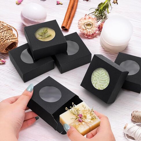 SOUJOY 100 Pcs Soap Boxes for Homemade, 3 x 3 x 1.2 Inch Small Kraft Paper Soap Packaging Boxes, Mini Treat Box with Window, Square Gift Wrapping Box for Candy Jewelry Display, Black in Kuwait
