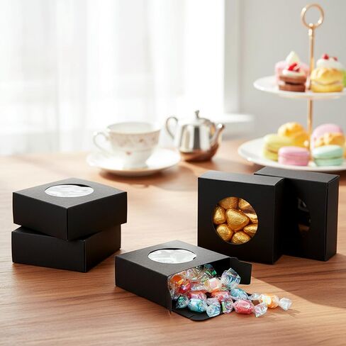 SOUJOY 100 Pcs Soap Boxes for Homemade, 3 x 3 x 1.2 Inch Small Kraft Paper Soap Packaging Boxes, Mini Treat Box with Window, Square Gift Wrapping Box for Candy Jewelry Display, Black in Kuwait