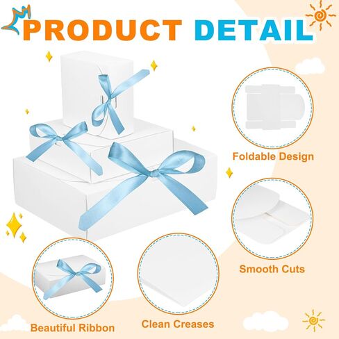 PATIKIL Gift Boxes with Lids, (10.6 x 7.8 x 3.1 Inch, White) (10 Pcs), Kraft Paper Bridesmaid Proposal Box with Blue Wrap Ribbons for Christmas Birthday Wedding Graduation Party in Kuwait