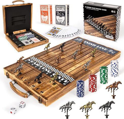 ropoda Upgraded 23 inches Horse Race Board Game with 11 Upgraded Luxury Horses,Foldable Wood Horse Racing Board Game with 100 Pcs Chips,2 Dice and 2 Boxes of Cards,Vintage Color in Kuwait