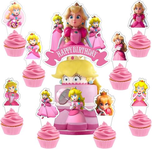 25Pcs Princess Peach Cake Decorations with 24pcs Cupcake Toppers, 1pcs Cake Topper for Kids Birthday Party Supplies in Kuwait