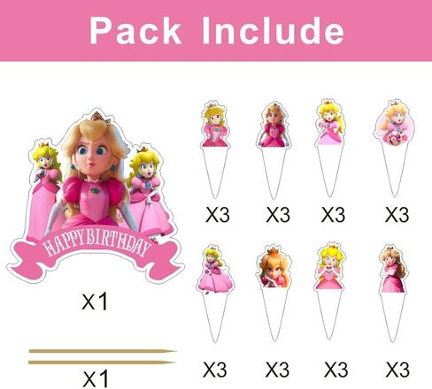 25Pcs Princess Peach Cake Decorations with 24pcs Cupcake Toppers, 1pcs Cake Topper for Kids Birthday Party Supplies in Kuwait
