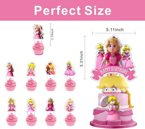 25Pcs Princess Peach Cake Decorations with 24pcs Cupcake Toppers, 1pcs Cake Topper for Kids Birthday Party Supplies in Kuwait