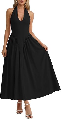 Women Halter V Neck Maxi Dress Sleeveless Drop Waist Corset Formal Sexy Flowy Aline Beach Wedding Guest Long Sundress in Saudi Arabia
