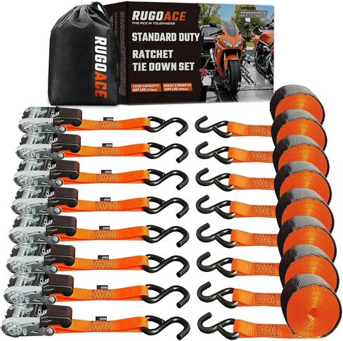8-Pack Ratchet Tie Downs, 15Ft Heavy Duty Lashing Straps, 1800LBS Break Strength, Cargo Straps with Rubber Handle & S Hooks for Moving Appliances, Motorcycle, ATV, UTV, Truck Bed, Black in Saudi Arabia