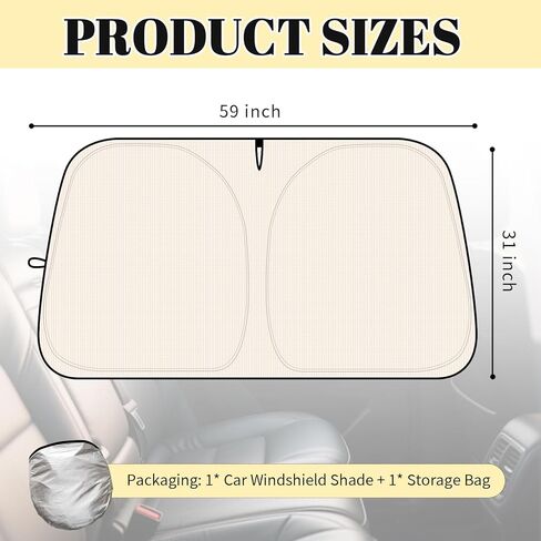 2026 New Thickened Car Windshield Sun Shade Foldable with Beige Checkered Design,Car Sun Shade Windshield with Storage Bag for Interior Cool,59"×31" Suns Shades for Cars Windshields in Kuwait