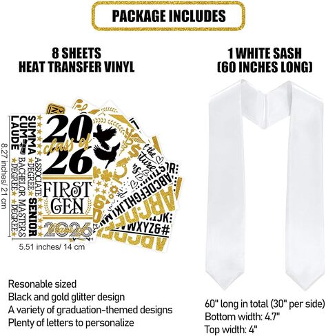 Graduation Stole Sash with Iron-On Class of 2026 Decorations Heat Transfer Vinyl DIY Graduation Stole Sash Customize Personalized HTV Decals Letters Numbers Cutouts Pack Set in Saudi Arabia