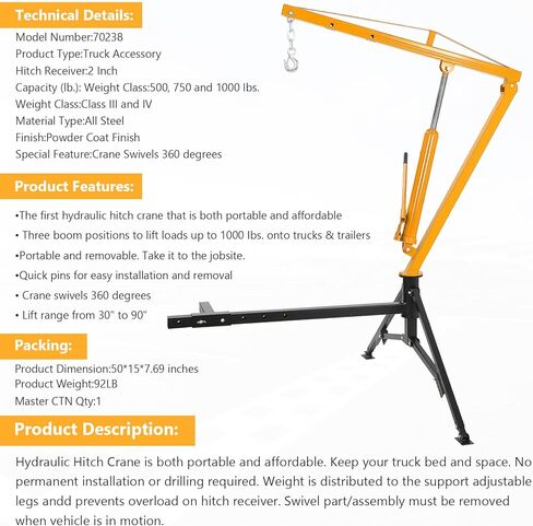 PeakPursuit 1000 LBS Receiver Hitch Crane, Hydraulic Swivel Pickup Truck Crane with 3 Adjustable Boom Options, Heavy Duty Hitch Mounted Crane for Workshop Construction Agriculture Logging, Yellow in Saudi Arabia