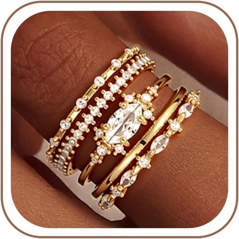 Mujahid 14K Gold Plated Stackable Rings for Women Non Tarnish - Dainty Cubic Zirconia Wedding Bands Ring Set Minimalist Trendy Statement Engagement Promise Thumb Rings Valentine's Day Gift Size 6-10 in Saudi Arabia